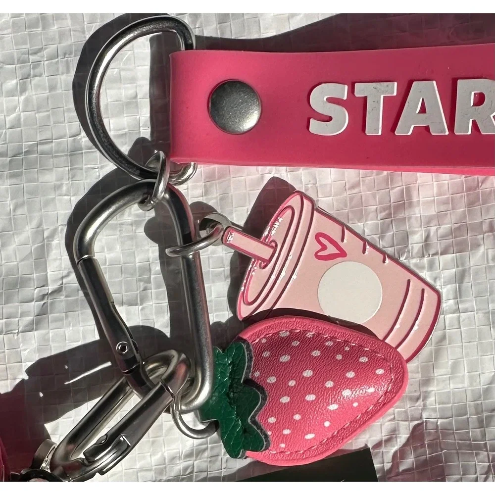 Starbucks Pouch Wristlet Keychain Pink Drink Strawberry Charm New 2026